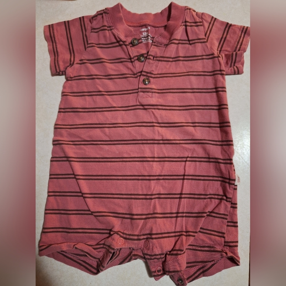 Carters Striped Burnt Red Baby Tshirt/Shorts Romper 12M